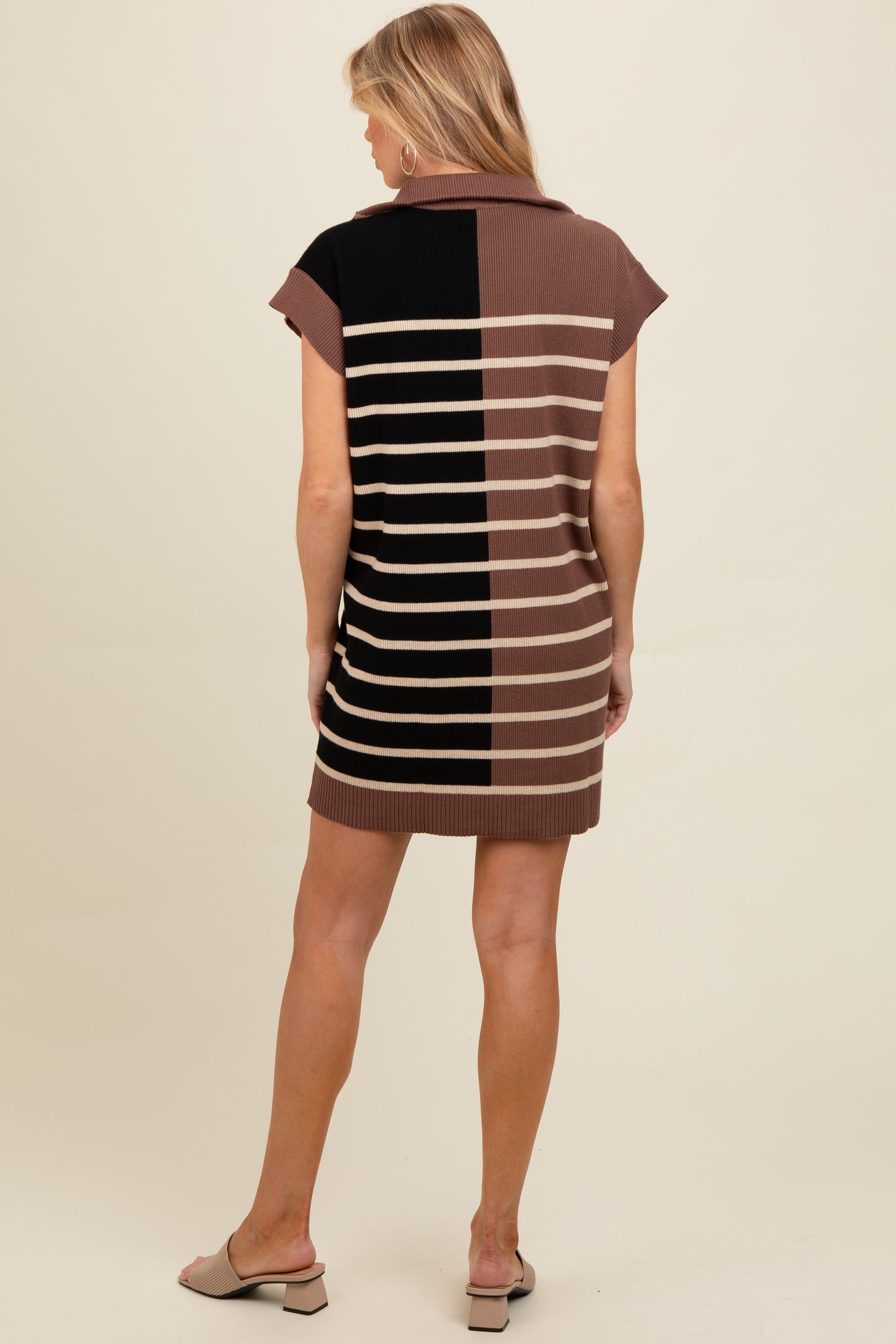 Mocha Knit Striped Colorblock Collared Zip Up Maternity Mini Dress