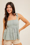 Seafoam Square Neck Tie Shoulder Smocked Babydoll Tank