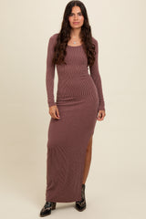 Burgundy Ribbed Long Sleeve Side Slit Maxi Dress