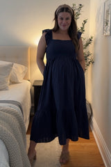 Navy Blue Textured Cotton Ruffle Strap Maternity Midi Dress