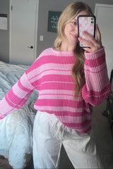 Pink Oversized Stripe Colorblock Crochet Knit Sweater