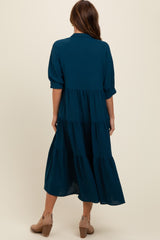 Dark Teal Collared Button Up Tiered Midi Dress