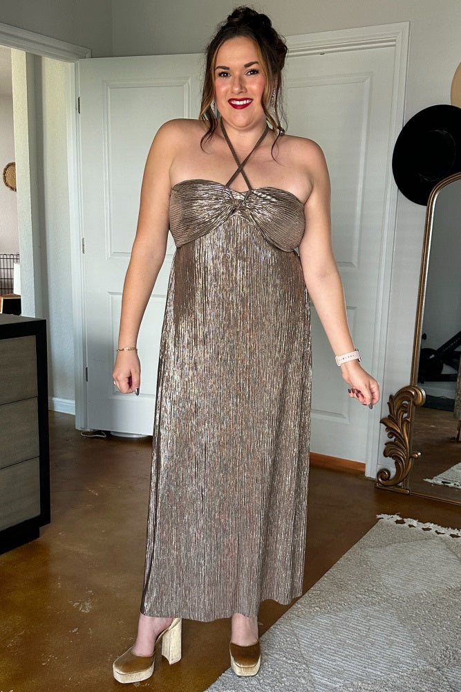 Dark Gold Metallic Halter Dress