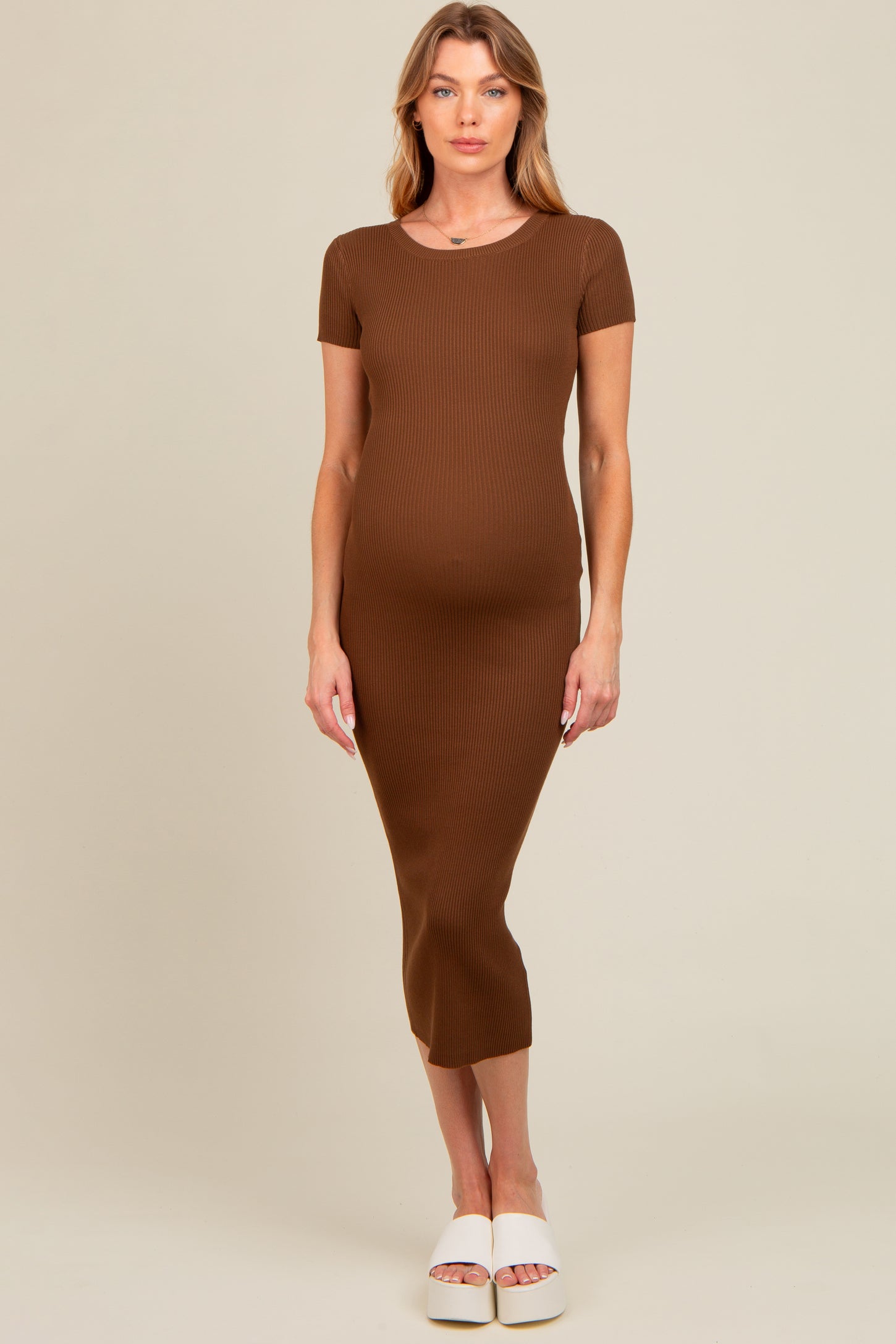 Brown Short Sleeve Rib Knit Maternity Midi Dress