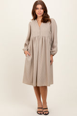 Taupe Pin Stripe Split Neckline Maternity Midi Dress