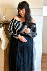 Black Striped Off Shoulder Contrast Knit Mesh Maternity Maxi Dress