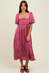Mauve Satin Pleated Bodice Puff Sleeve Midi Dress