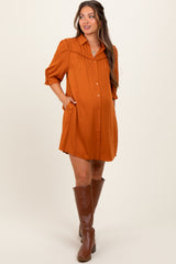 Orange Braided Trim Detail Button Down Maternity Dress