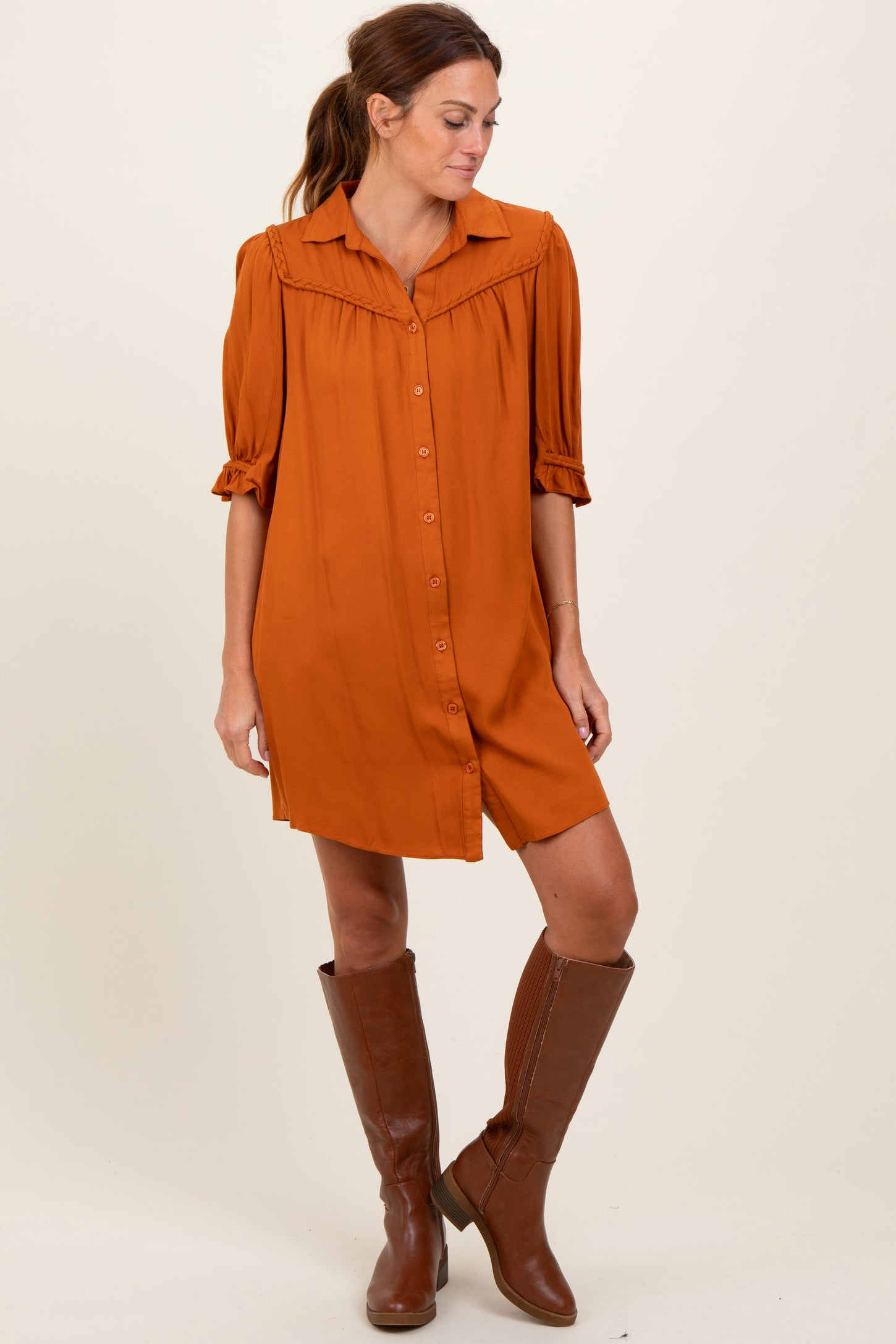 Orange Braided Trim Detail Button Down Maternity Dress