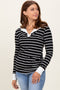 Black Striped Ribbed Collared Long Sleeve Top