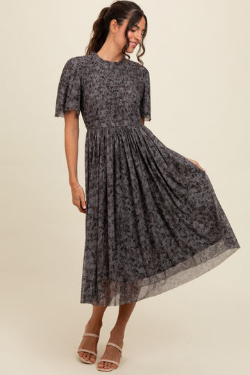 Grey Floral Smocked Midi Dress