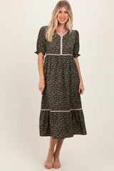 Olive Floral Puff Sleeve Ruffle Hem Midi Dress