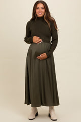 Olive Knit Contrast Top Satin Maternity Midi Dress