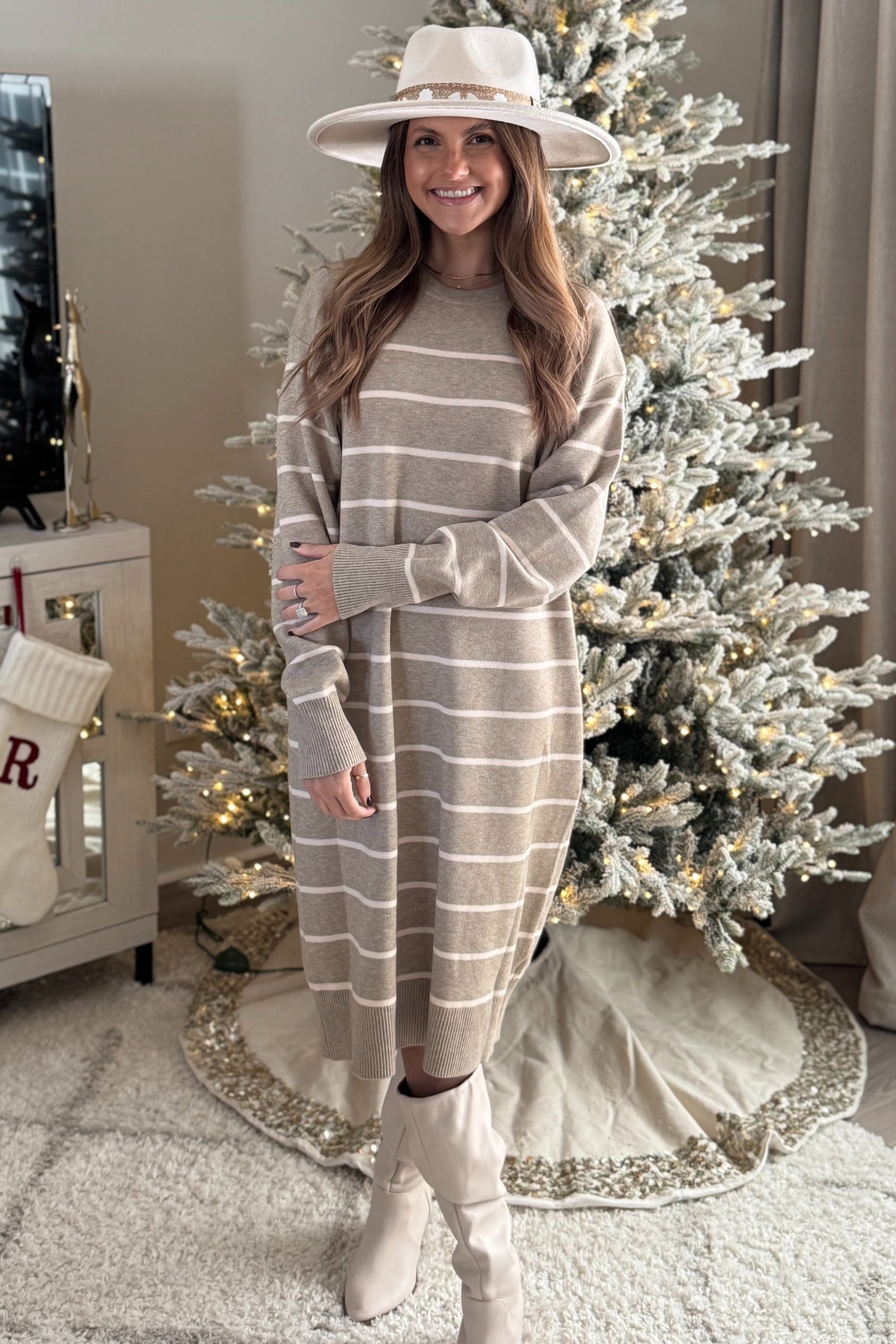 Beige Striped Midi Sweater Dress