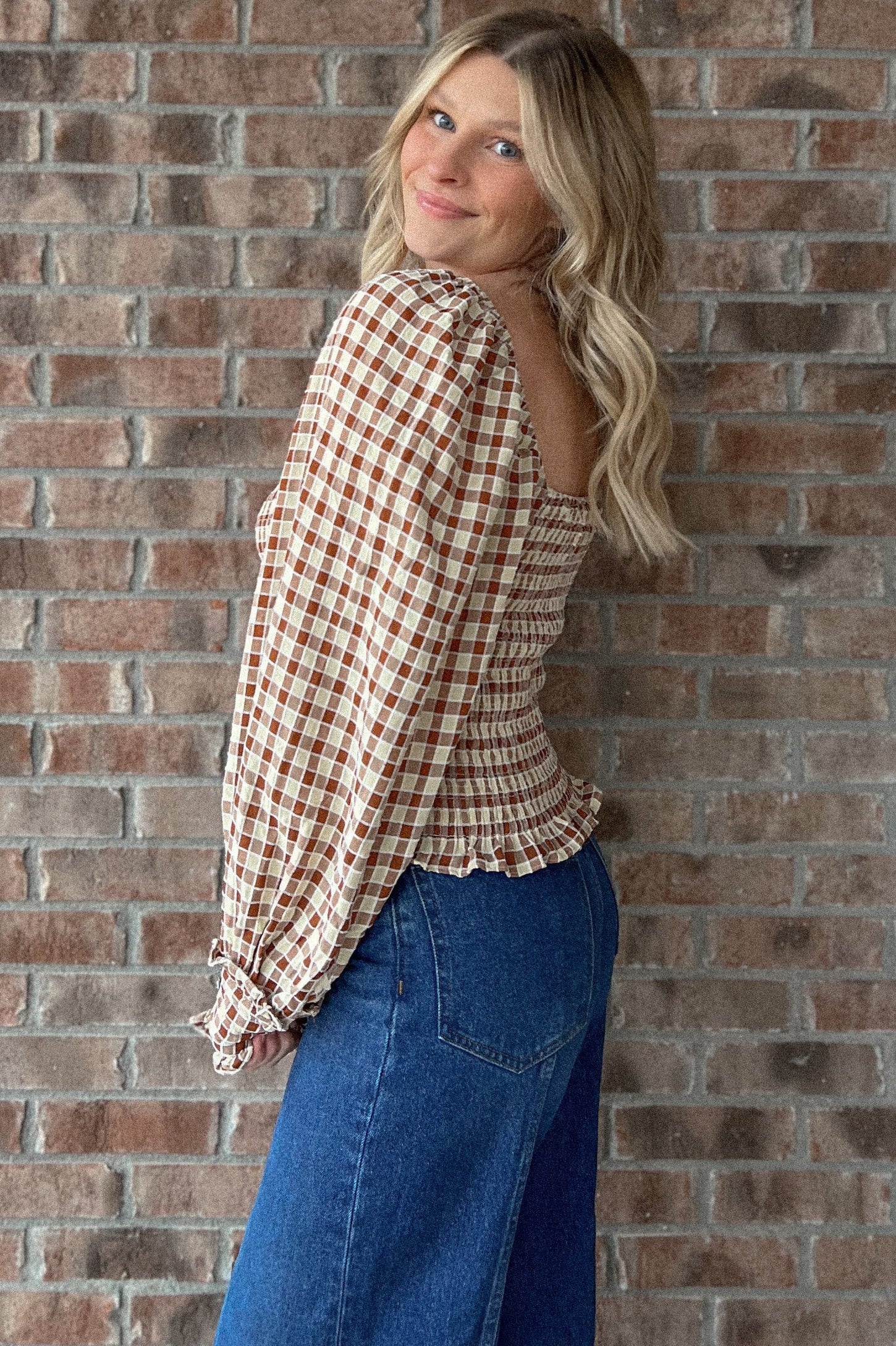 Ginger Check Gingham Square Neck Smocking Top