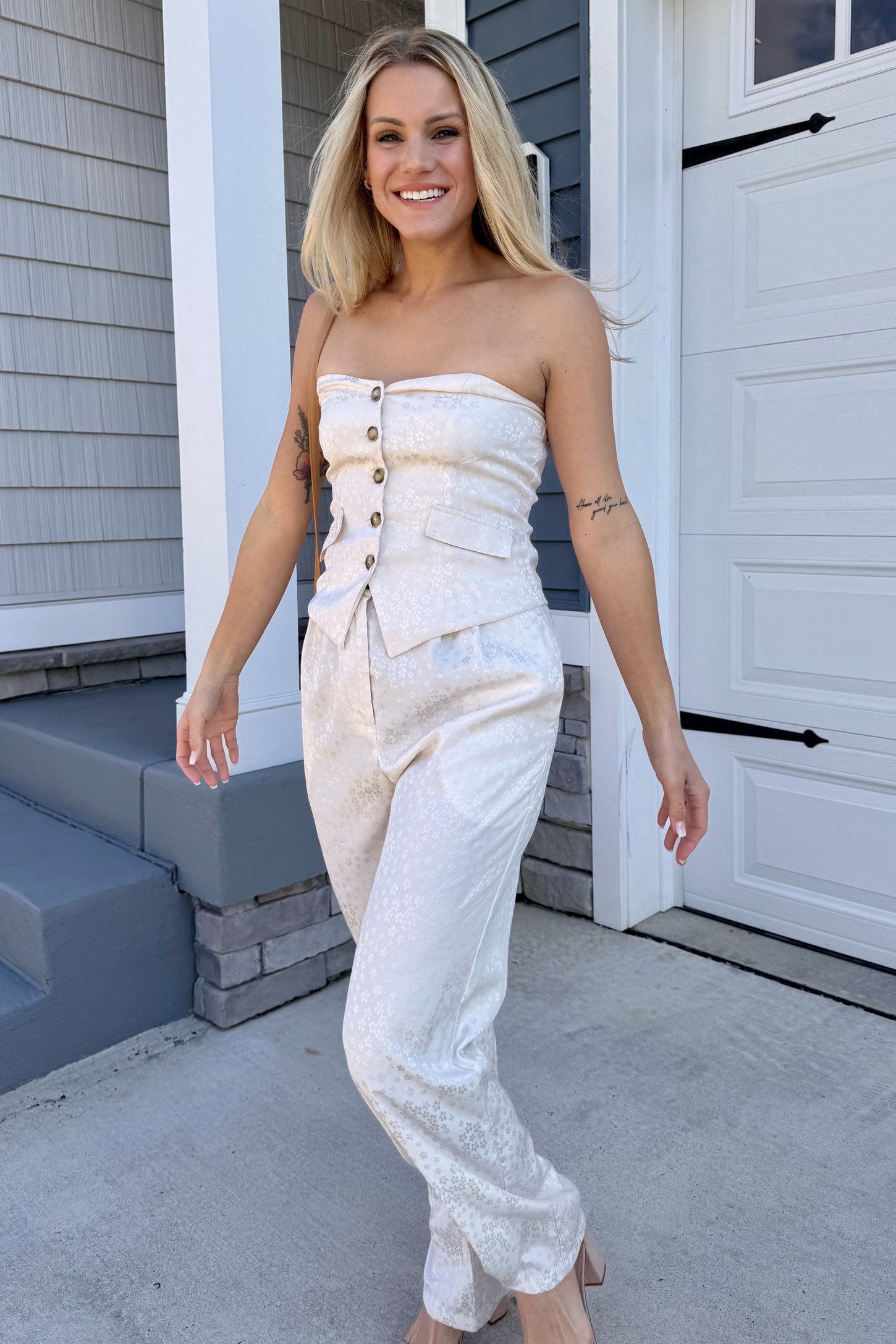 Ivory Beige Tube Vest And High Waisted Satin Long Pants Set
