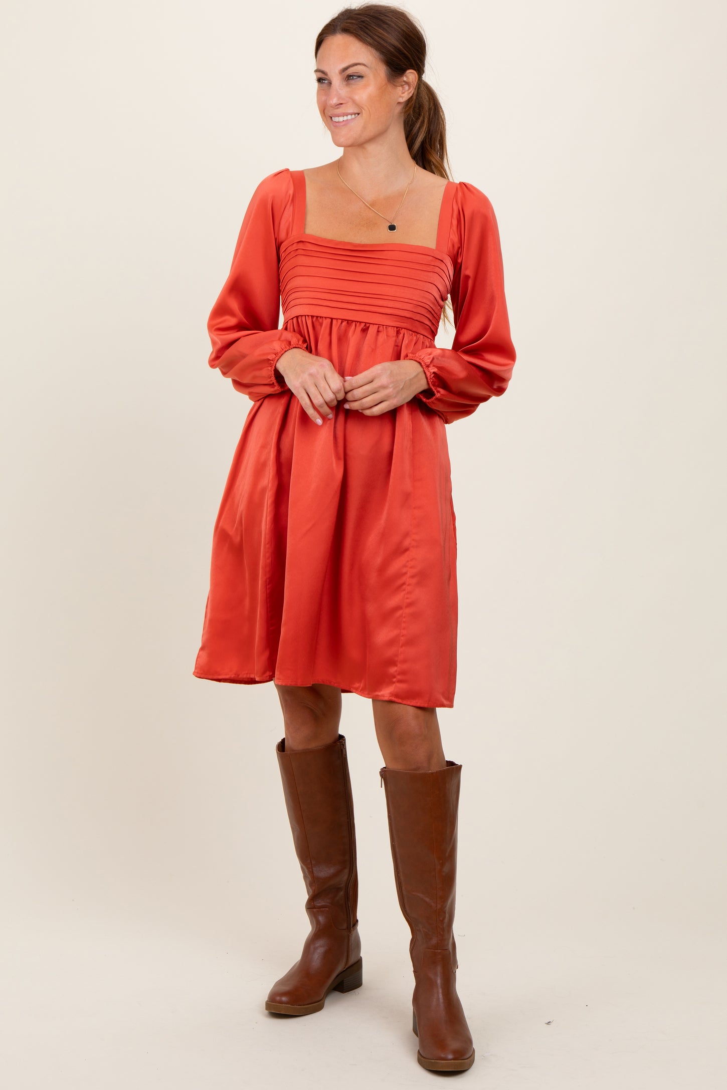 Salmon Satin Pleated Detail Bodice Maternity Dress