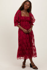 Burgundy Floral Mesh Lace Overlay Maxi Dress