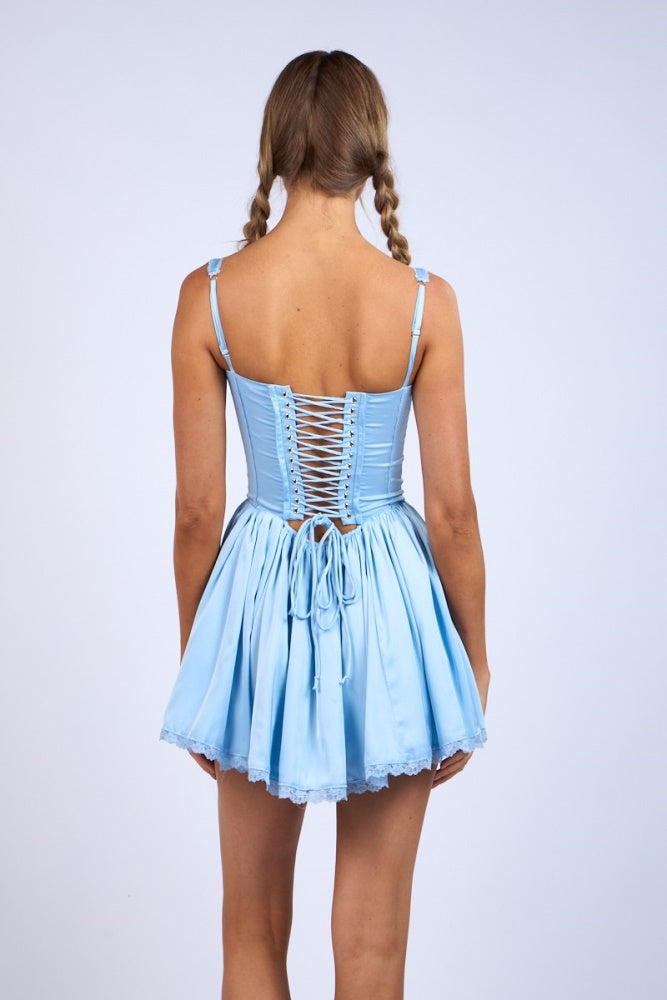 Blue Satin Corset Shape Lace Trim Flare Mini Dress