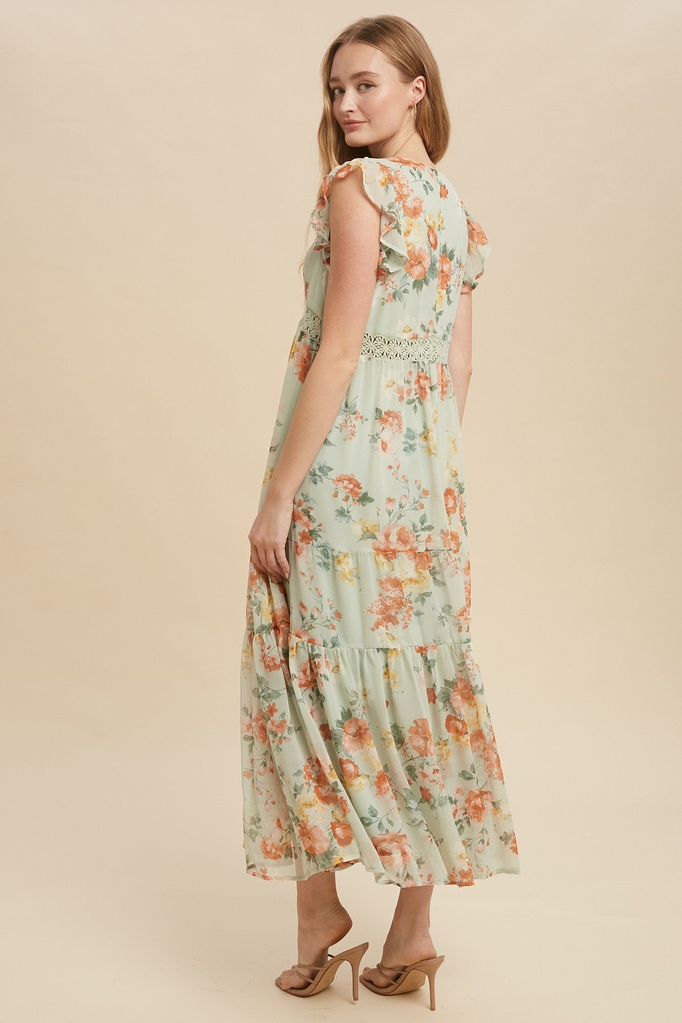 Green Tea Floral Chiffon Flutter Sleeve Maxi Dress