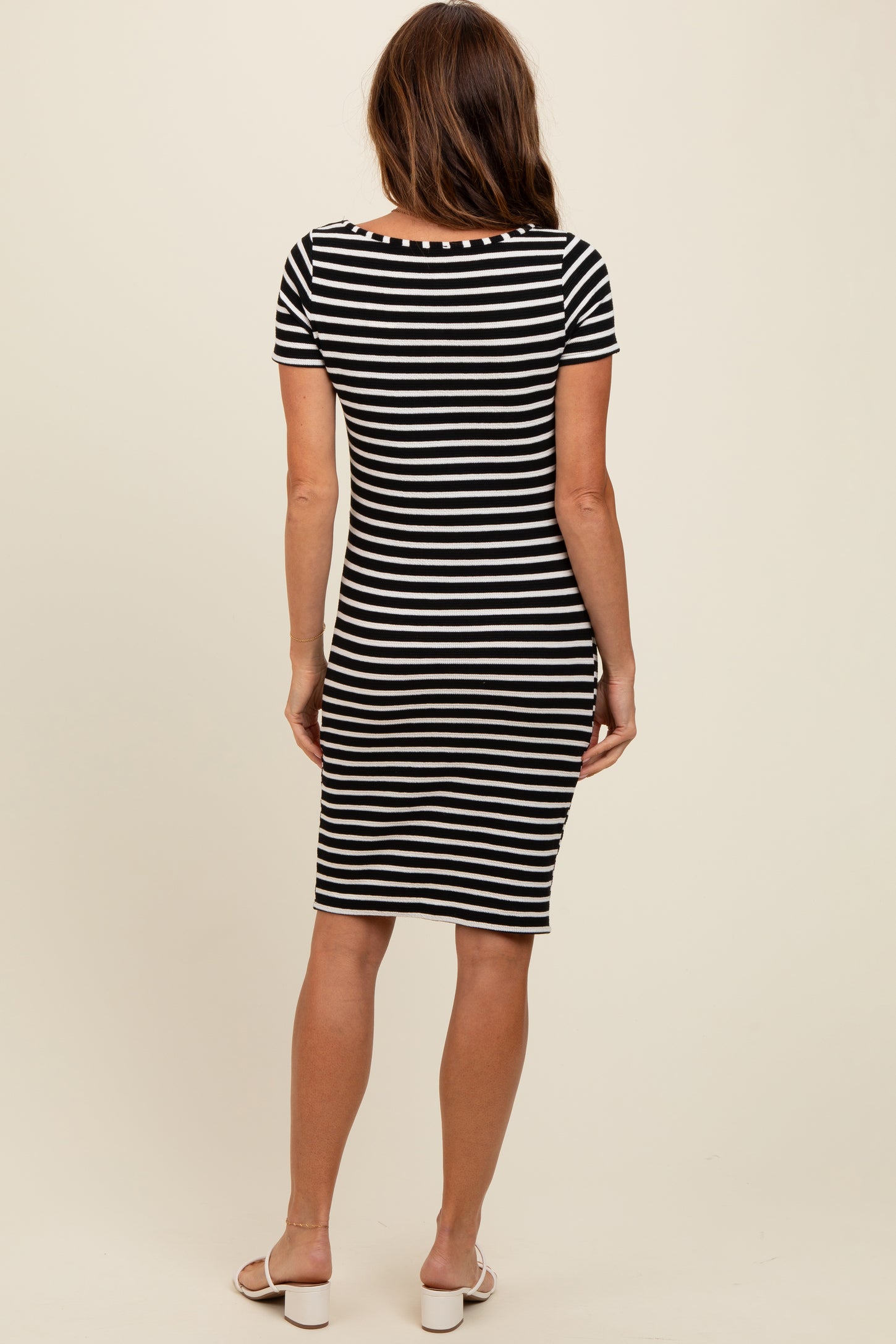 Black Striped Boat Neck Ruched Dress