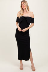 Black Bow Detail Off Shoulder Side Slit Maternity Midi Dress