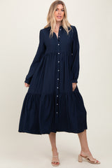 Navy Button Down Long Sleeve Maternity Midi Shirt Dress