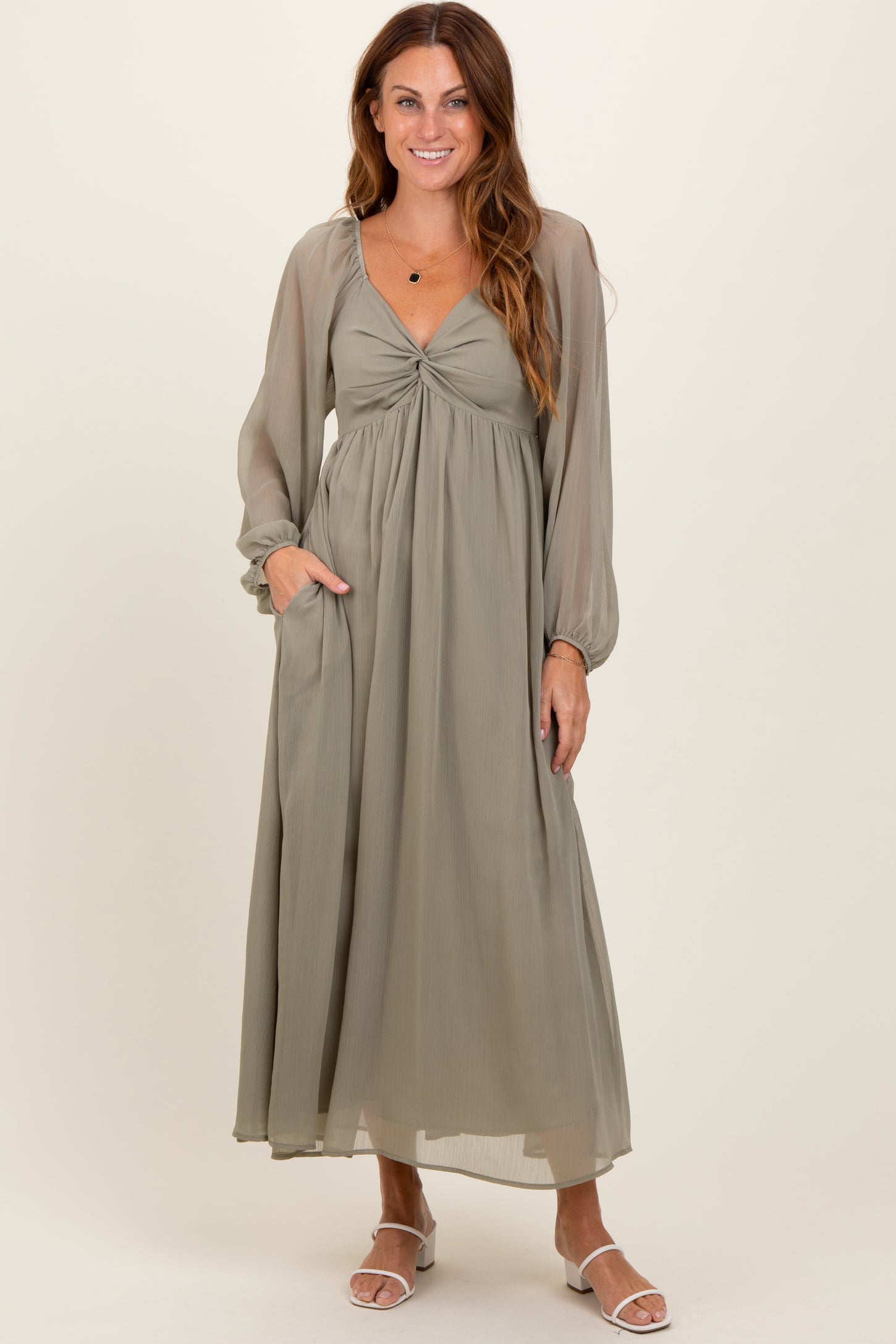 Olive Chiffon Twisted Front Maternity Midi Dress