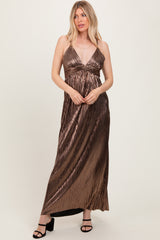 Brown Metallic Deep V-Neck Cutout Tie Back Maternity Maxi Dress
