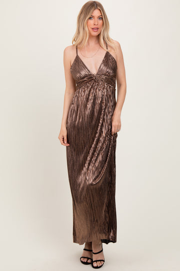 Brown Metallic Deep V-Neck Cutout Tie Back Maxi Dress