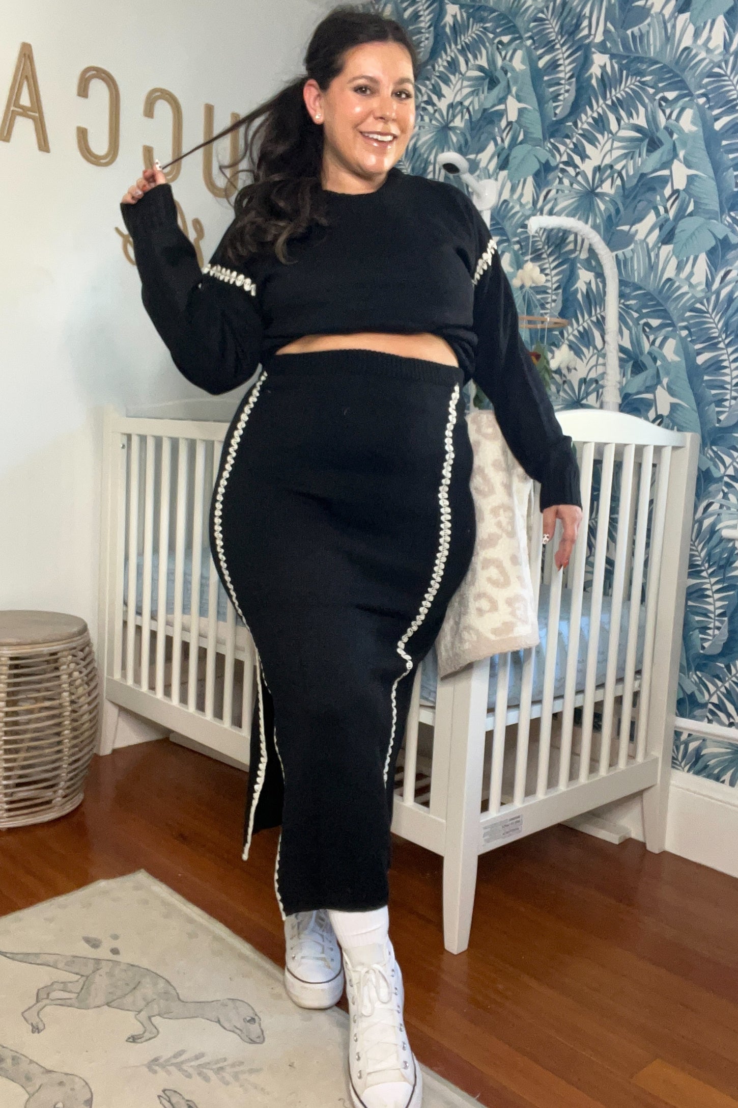 Black Contrast Stitch Knit Sweater And Maxi Skirt Maternity Set
