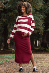 Burgundy Striped Sweater And Fitted Midi Skirt Maternity Set