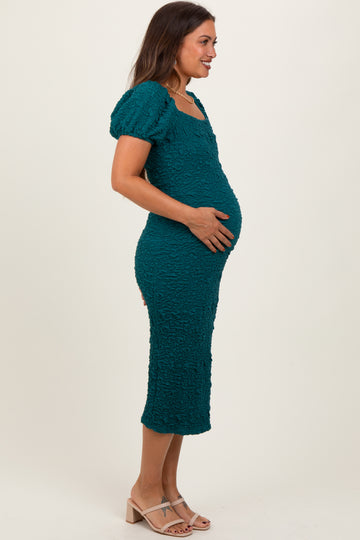 Forest Green Textured Square Neck Puff Sleeve Maternity Midi Dress