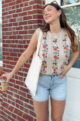 Oatmeal Embroidered Sleeveless Knit Tank Top