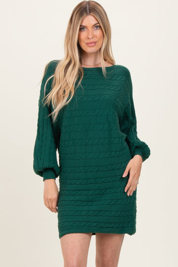 Hunter Green Cable Knit Dolman Sleeve Sweater Mini Dress