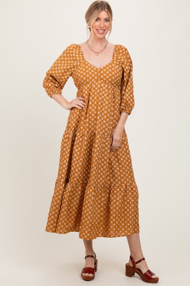 Dark Yellow Floral Long Sleeve Tiered Maxi Dress