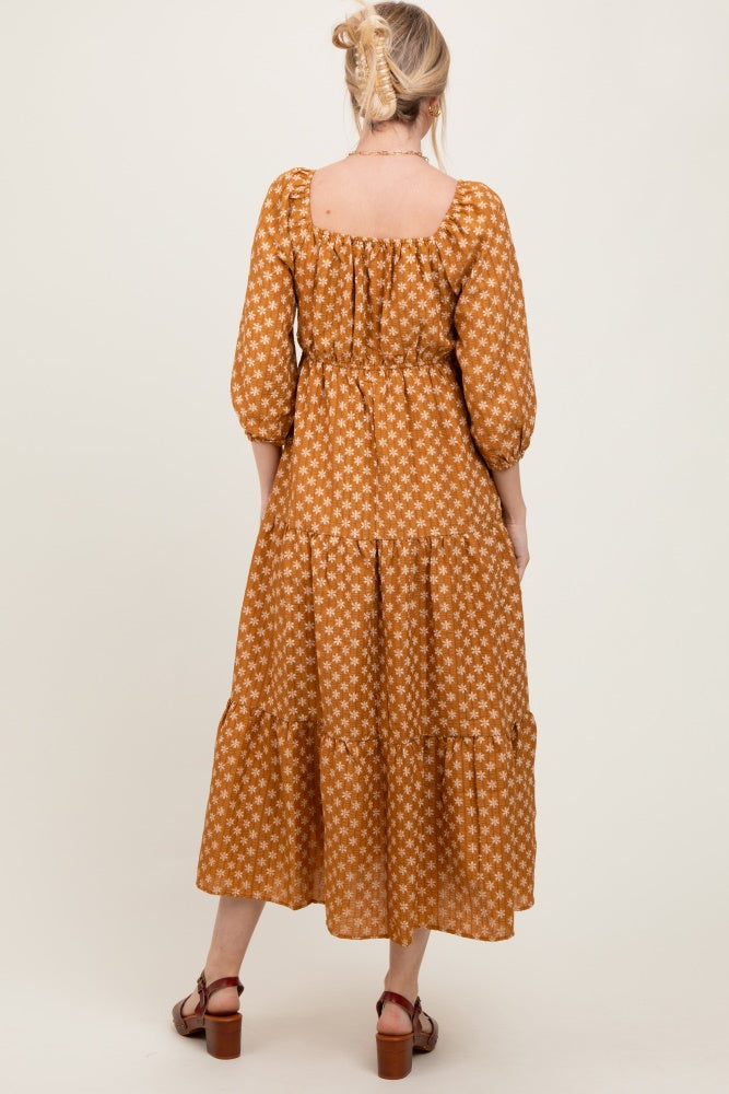 Dark Yellow Floral Long Sleeve Tiered Maxi Dress