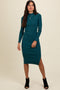 Deep Teal Ribbed Fitted Mock Neck Long Sleeve Midi Dress