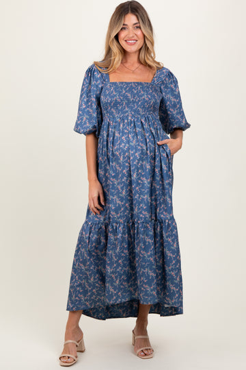 Blue Floral Smocked Hi-Low Puff Sleeve Maternity Maxi Dress
