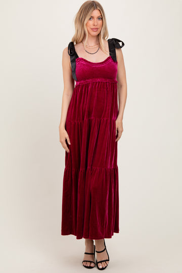 Burgundy Velvet Smocked Satin Shoulder Tie Maxi Dress