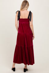 Burgundy Velvet Smocked Satin Shoulder Tie Maxi Dress