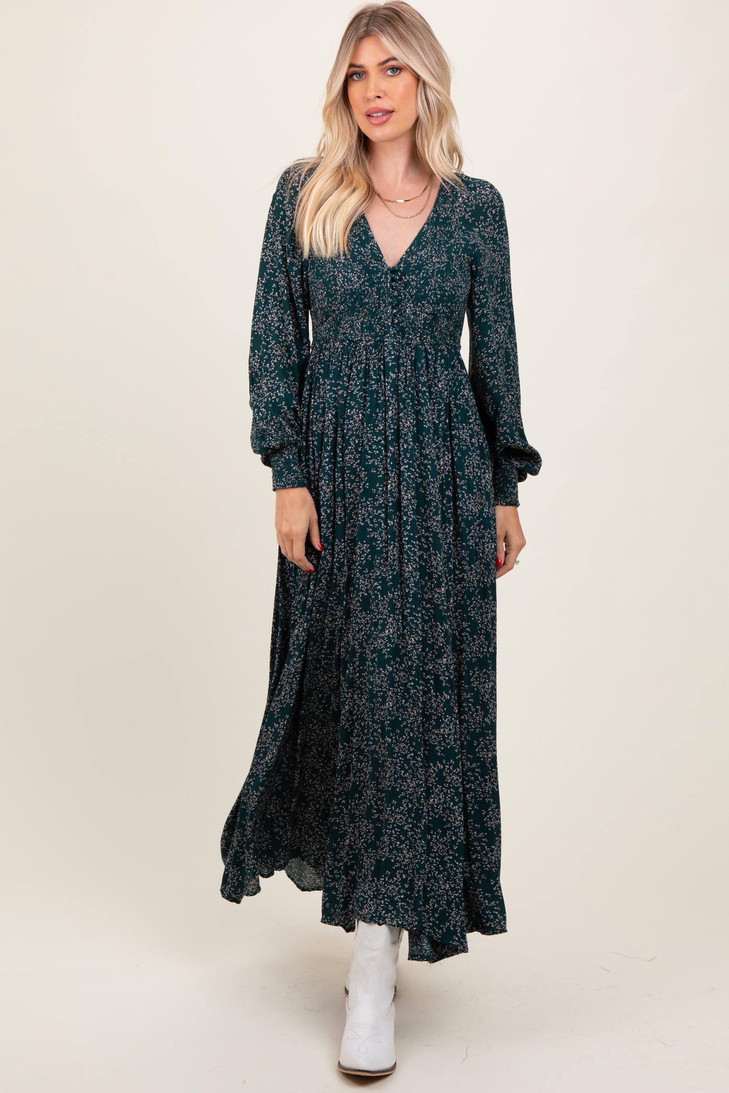 Forest Green Floral Smocked Button Detail Maternity Maxi Dress