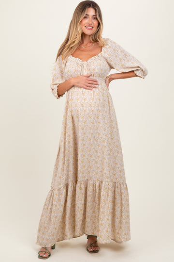 Cream Floral Sweetheart Neckline Maternity Maxi Dress