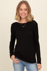 Black Ribbed Scoop Neck Long Sleeve Top