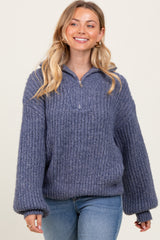 Blue Chunky Knit Quarter Zip Sweater