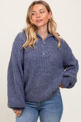 Blue Chunky Knit Quarter Zip Sweater