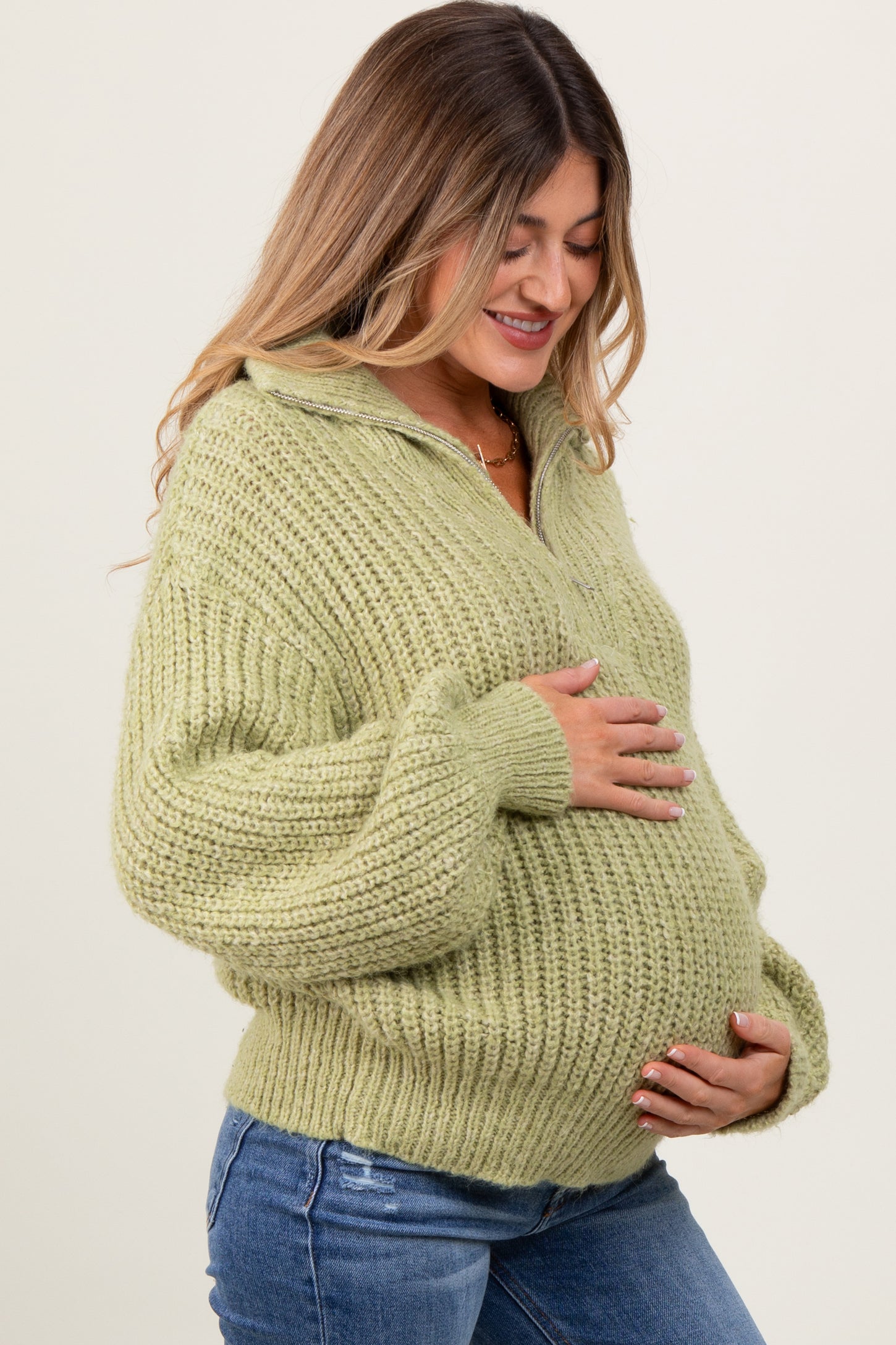Light Olive Chunky Knit Quarter Zip Maternity Sweater