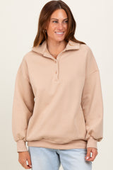 Beige Oversized Long Sleeve Polo Pullover