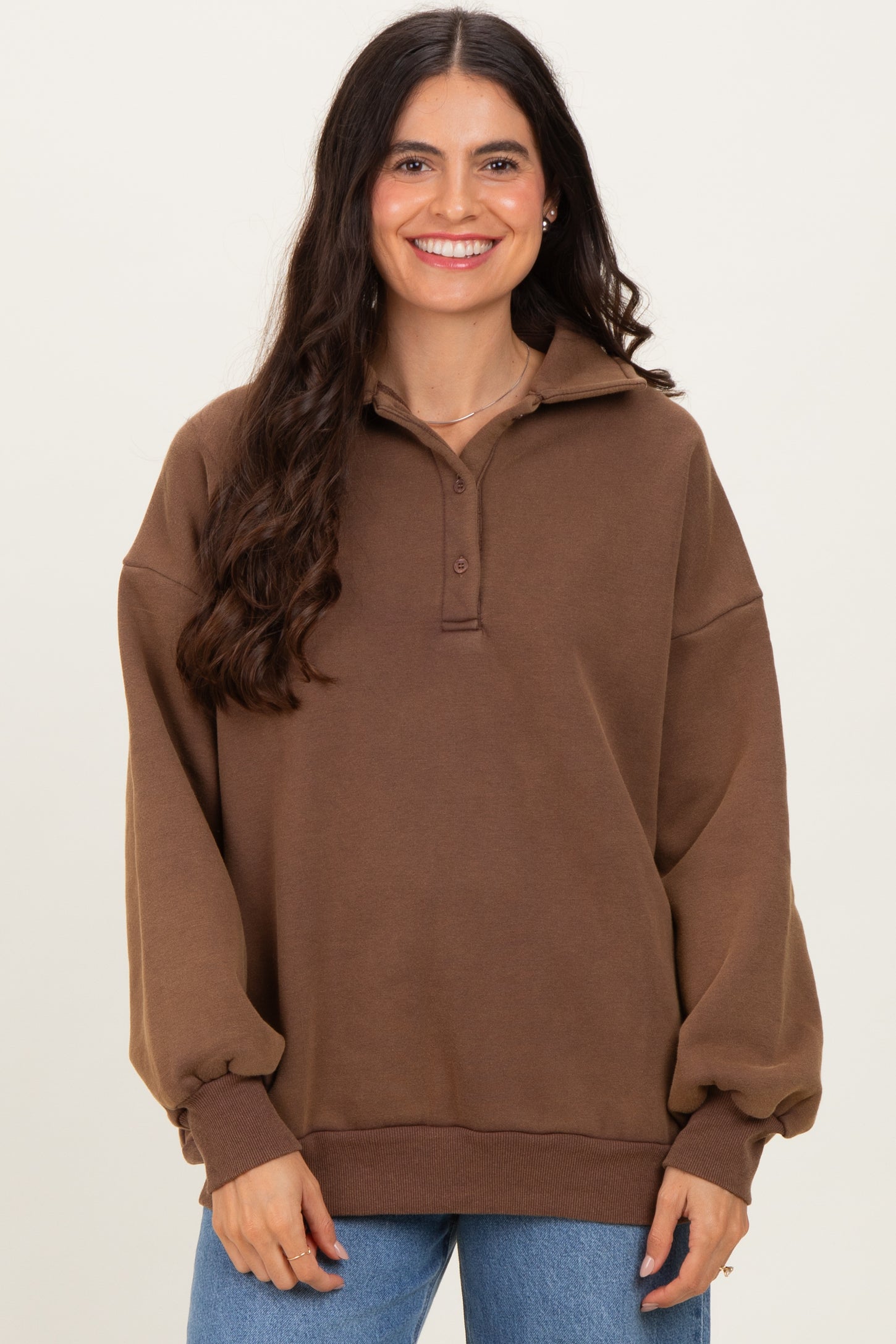 Brown Oversized Long Sleeve Polo Pullover