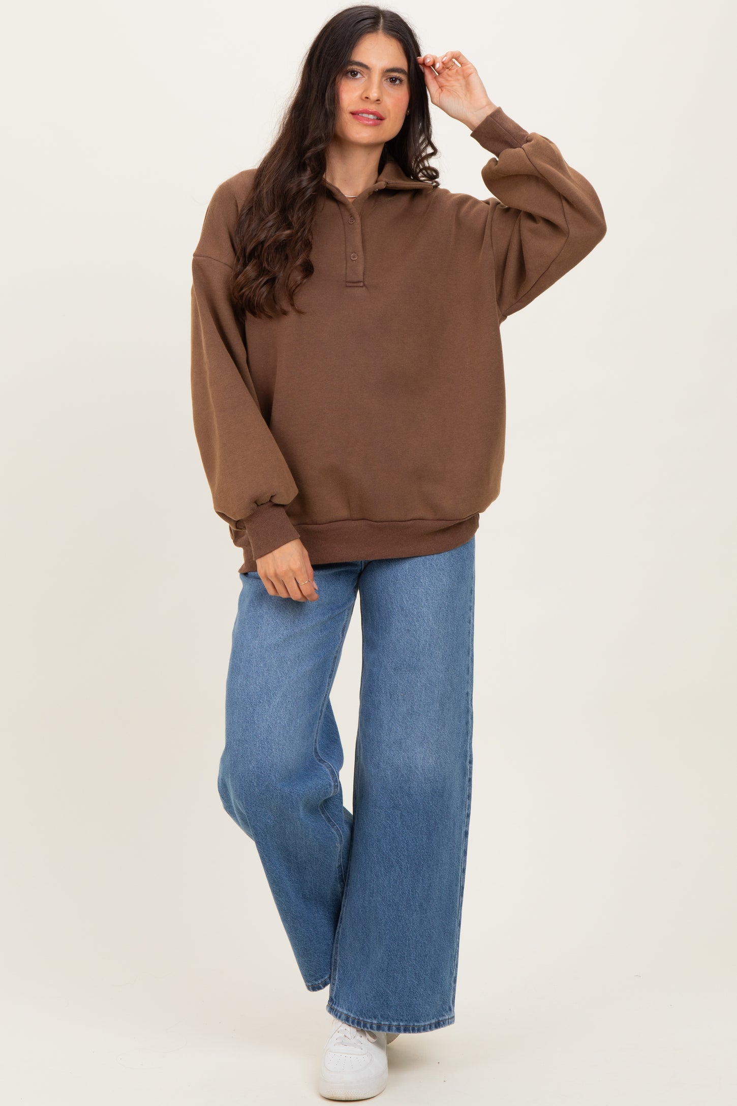Brown Oversized Long Sleeve Polo Pullover